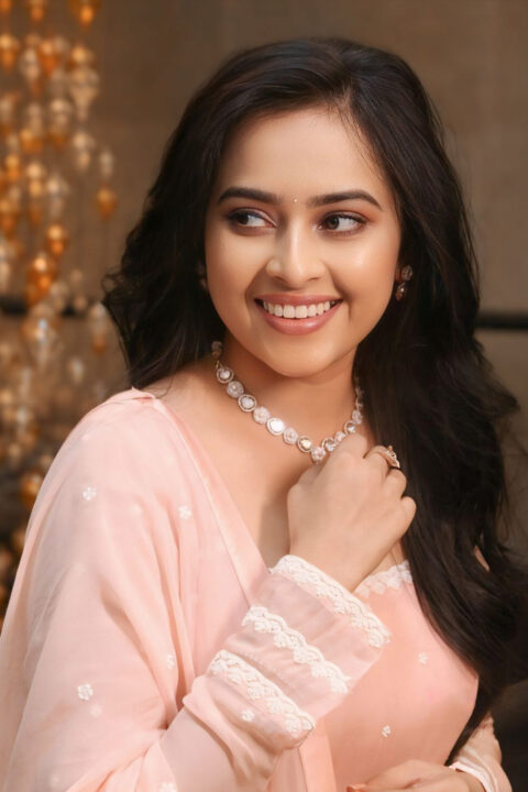 Sri Divya in Elegant Peach Gown at Sathyam Sundaram Event