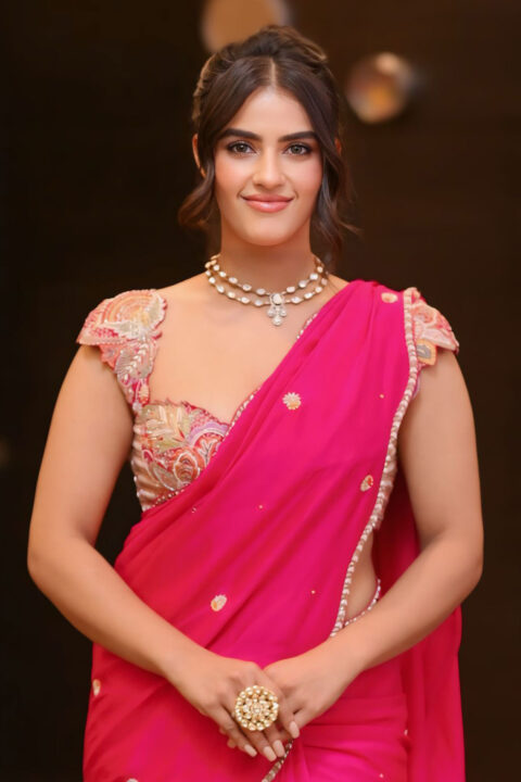 Kavya Thapar in Gorgeous Pink Saree at Viswam Pre-Release Event