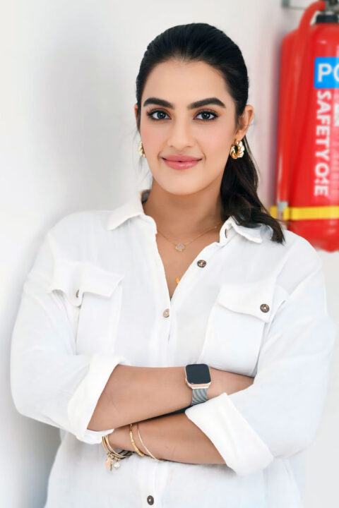 Kavya Thapar in Casual White Shirt and Denim at Viswam Success Meet