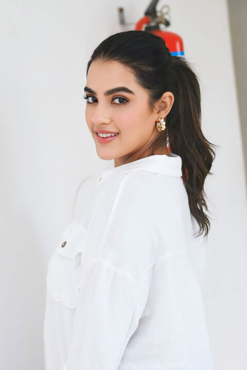 Kavya Thapar Chic Look in White Shirt and Denim at Viswam Success Meet