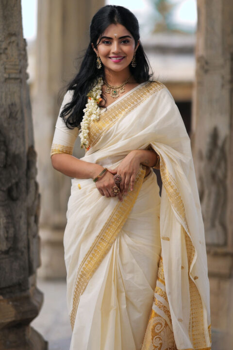 Megha Shetty Dazzles in Kerala Saree Styled by Laxmi Krishna