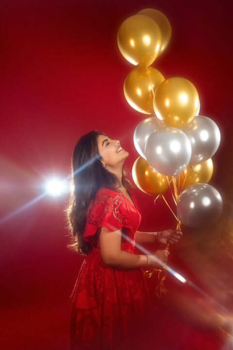 Nayan Sarika Flare Midi Red Dress for Her Birthday Shoot