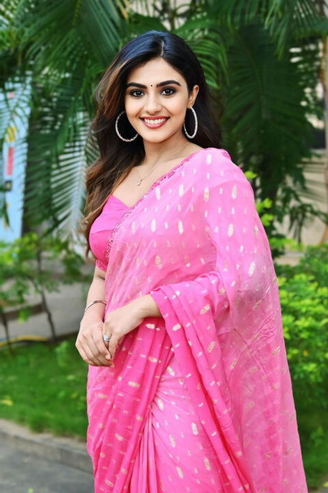 Nayan Sarika Looks Elegant in Pink Saree at KA Movie Press Meet