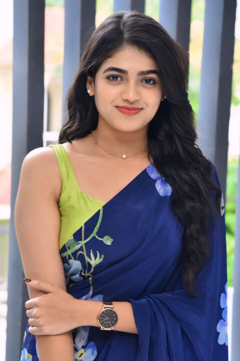 Sangeerthana Vipin Shines in Blue Roses Hand-painted Saree at Janaka Aithe Ganaka Press Meet