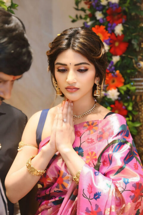 Sreeleela Rocks Floral Saree at MAANGALYA Shopping Mall Launch