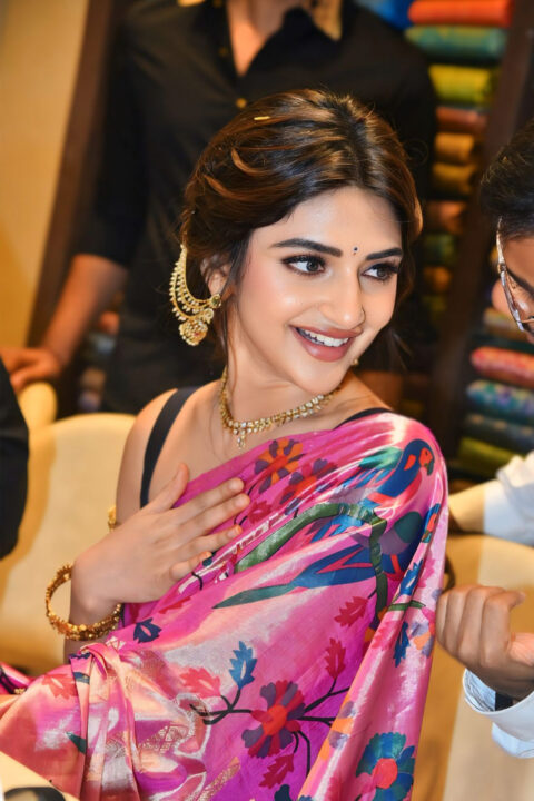 Sreeleela in Stunning Floral Saree at MAANGALYA Mall Launch