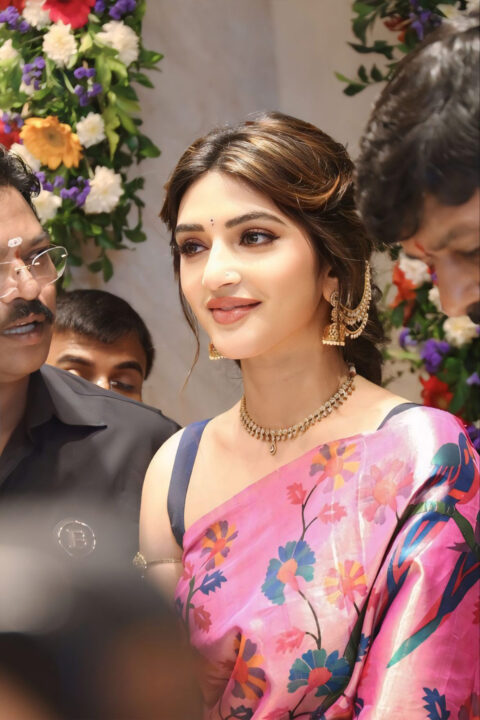 Sreeleela Shines in Floral Saree at MAANGALYA Shopping Mall Event