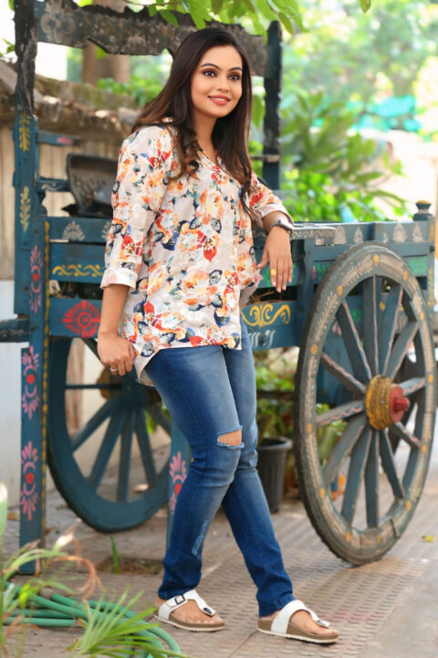 Tanvi Ram in Chic Floral Shirt and Torn Denim Look at KA Interview