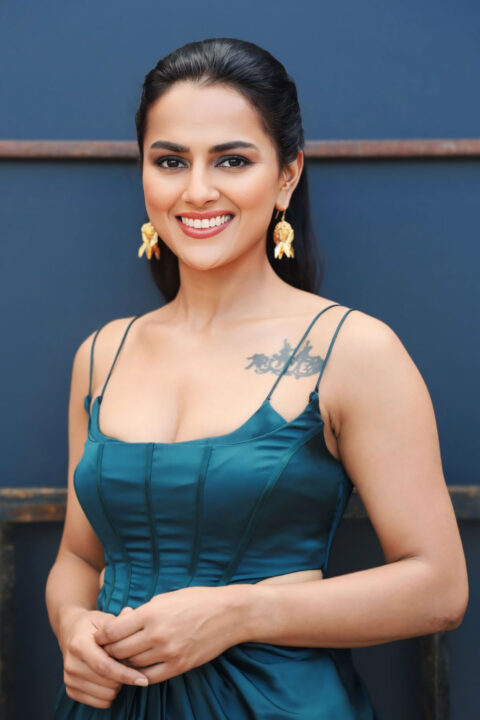 Shraddha Srinath in Green Moulded Draped Dress at Mechanic Rocky Event