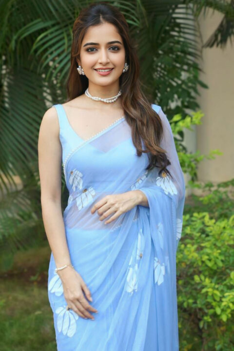 Ashika Ranganath Wows in Ash Blue Saree at Miss You Trailer Launch