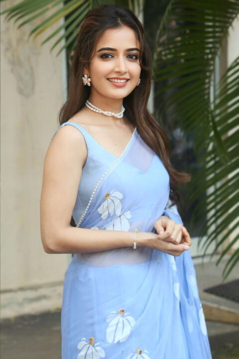 Ashika Ranganath at Miss You Trailer Launch in Ash Blue Saree