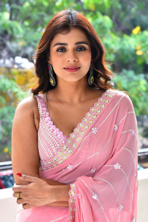 Hebah Patel in Pink Sequinned Saree at Dhoom Dhaam Interview