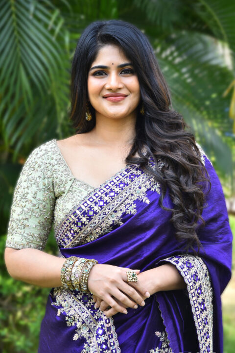 Megha Akash Stuns in Purple Saree at Vikkatakavi Press Meet