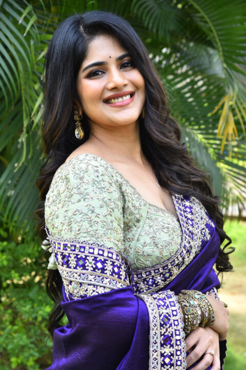 Megha Akash cleavage stills in  Purple Saree