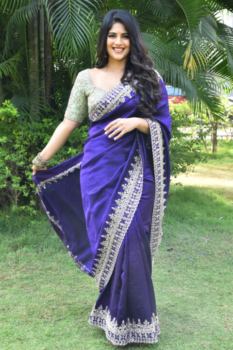 Megha Akash Dazzles in Purple Saree at Vikkatakavi Press Meet