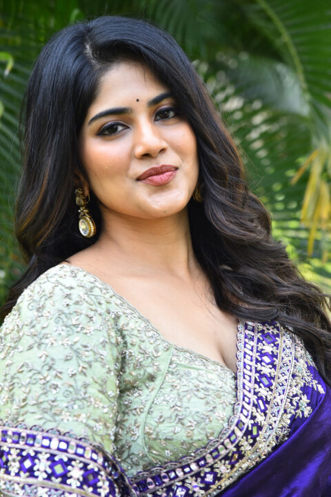 Megha Akash Gorgeous Purple Saree at Vikkatakavi Press Event