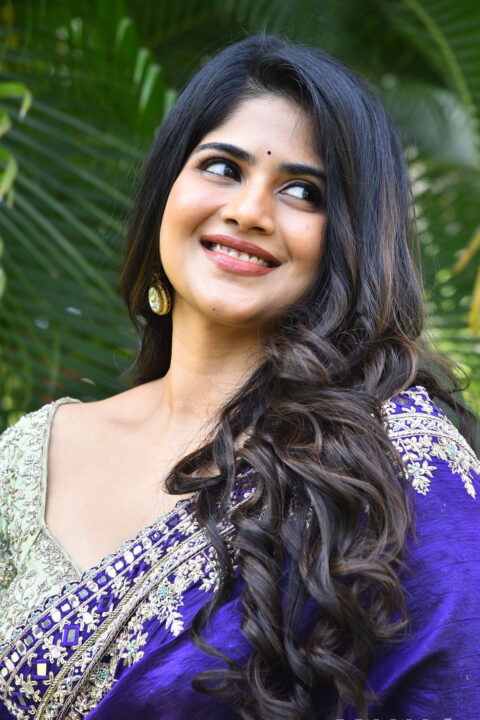 Megha Akash Looks Stunning in Purple Saree at Vikkatakavi Meet