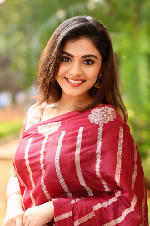 Nayan Sarika Graceful Look in Maroon Silk Saree at KA Thanks Meet