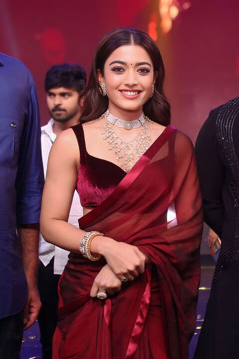 Rashmika Mandanna Glows in Burgundy Saree at Pushpa 2 Trailer Launch