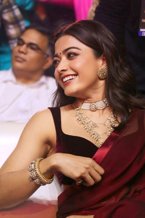 Rashmika Mandanna Striking Look in Burgundy Saree at Pushpa 2 Launch