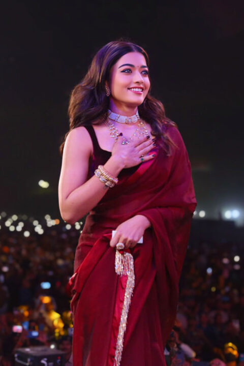 Rashmika Mandanna in Elegant Burgundy Saree at Pushpa 2 Trailer Launch