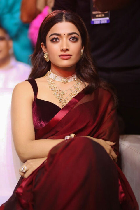 Rashmika Mandanna Captivating Burgundy Saree Look at Pushpa 2 Launch