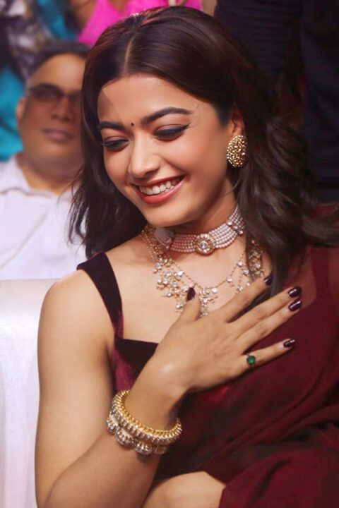 Rashmika Mandanna in Stunning Burgundy Saree at Pushpa 2 Trailer Event