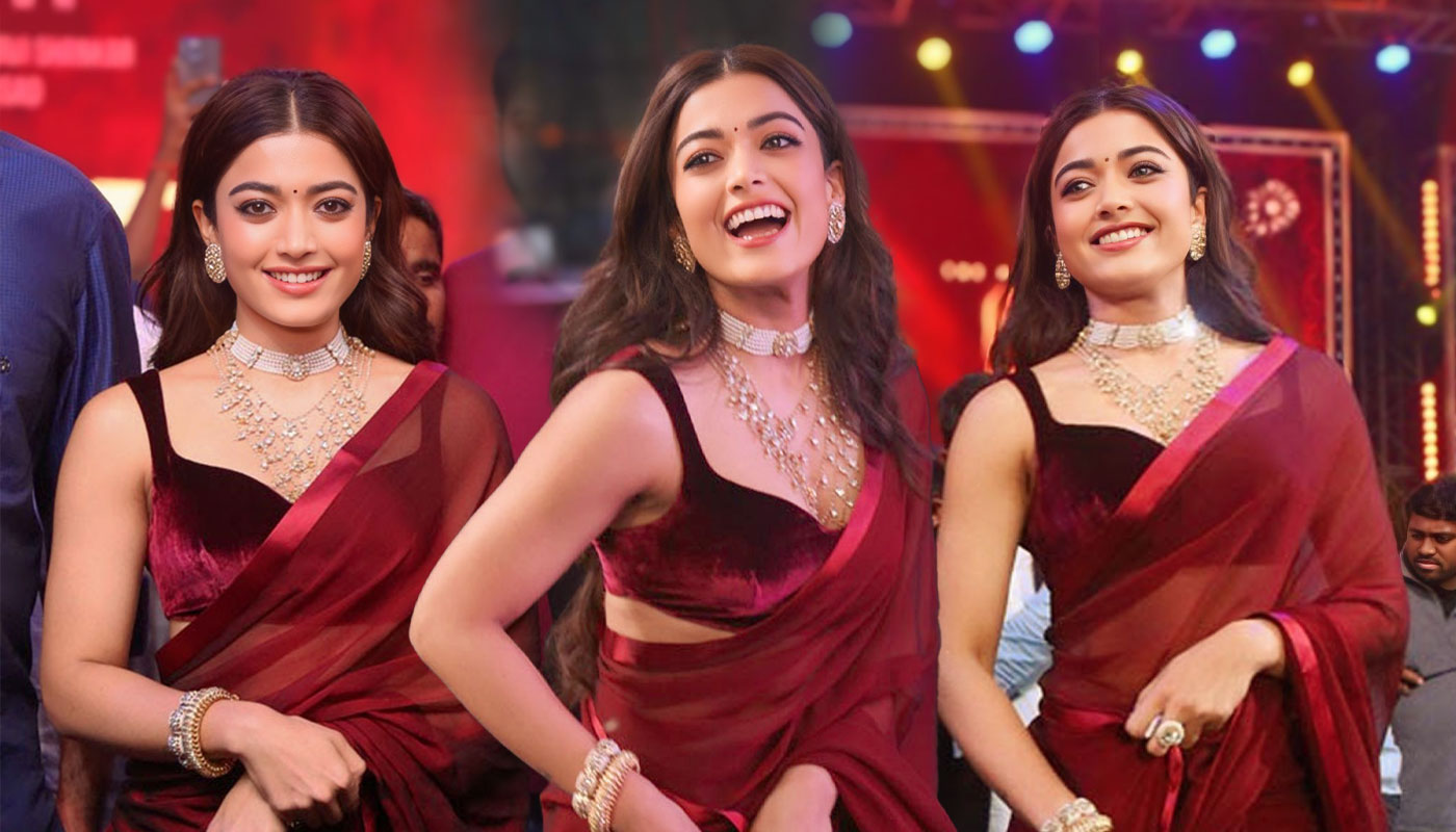 Rashmika Mandanna in Classy Burgundy Saree at Pushpa 2 Trailer Launch Event