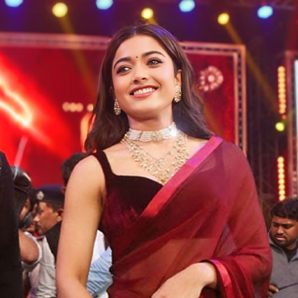 Rashmika Mandanna Burgundy Saree Steals the Spotlight at Pushpa 2 Launch