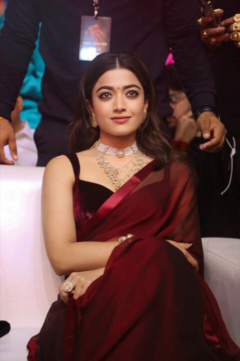 Rashmika Mandanna Steals the Show in Burgundy Saree at Pushpa 2 Event