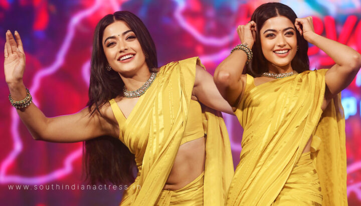 Rashmika Mandanna in Elegant Satin Saree at Pushpa 2 Kochi Event