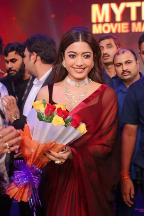 Rashmika Mandanna Dazzles in Burgundy Saree at Pushpa 2 Trailer Launch