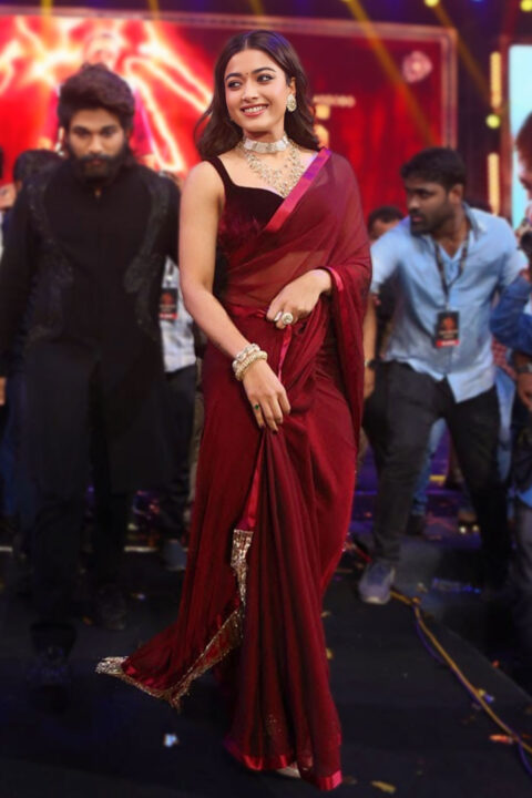 Rashmika Mandanna Stuns in Burgundy Saree at Pushpa 2 Launch Event