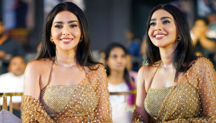 Aishwarya Lekshmi Dazzles in Gold Saree at Sambarala Yetigattu Carnage Launch