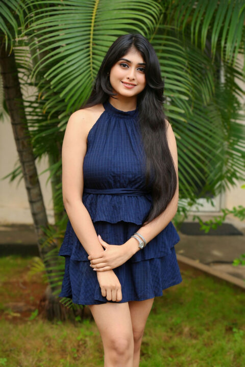 Aishwarya Ullas in Navy Blue Mini Dress at Dear Krishna Telugu Movie Press Meet