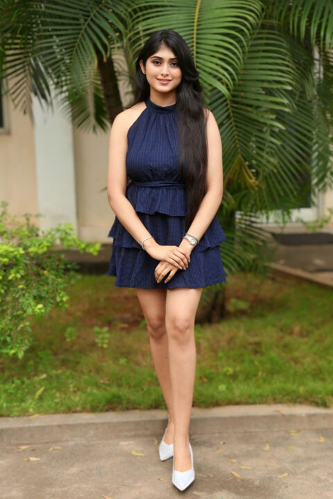 Aishwarya Ullas Sizzles in Navy Blue Mini Dress at Dear Krishna Press Meet