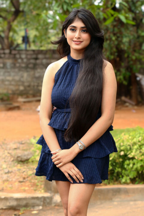 Aishwarya Ullas Flaunts Navy Blue Mini Dress at Dear Krishna Press Meet