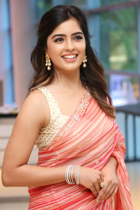 Amritha Aiyer Glam Look in Pink Striped Saree at Bachhala Malli Trailer Launch