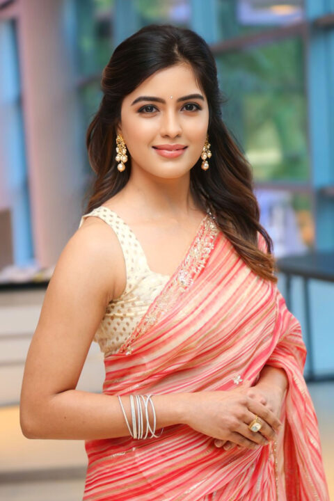 Amritha Aiyer Dazzles in Pink Striped Georgette Saree at Bachhala Malli Launch