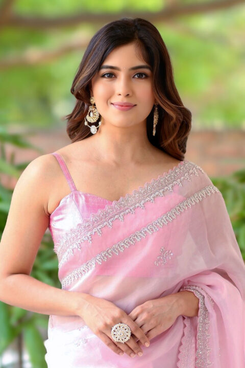 Amritha Aiyer Pink Organza Saree Look at Bachhala Malli Interview