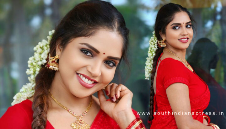 Karunya Chowdary in red saree photos