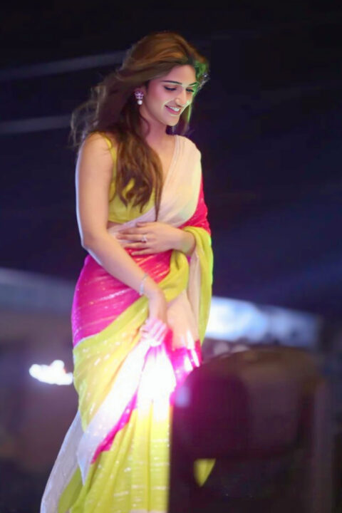 Sreeleela Dazzles in Multi-Colour Saree with Neon Blouse at Pushpa 2 Event