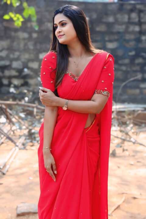 Viharika Chowdary in Red Saree at Vaaradhi Press Meet Event