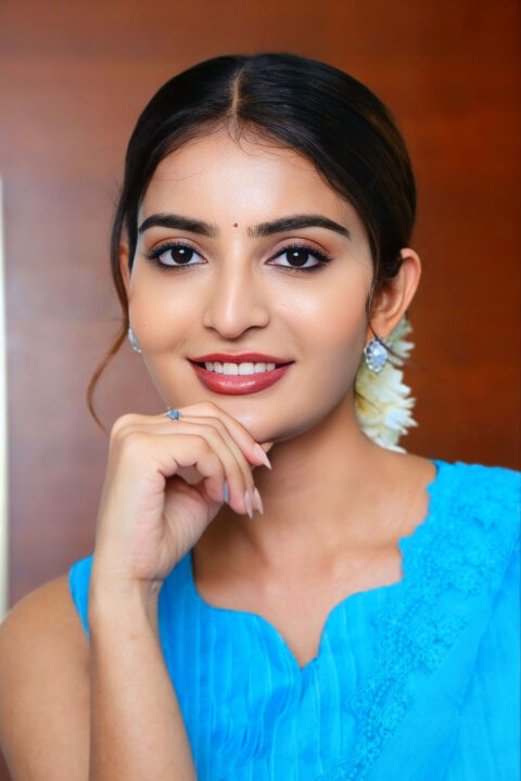 Ananya Nagalla in Transparent Blue Organza Saree at Srikakulam Sherlockholmes Interview