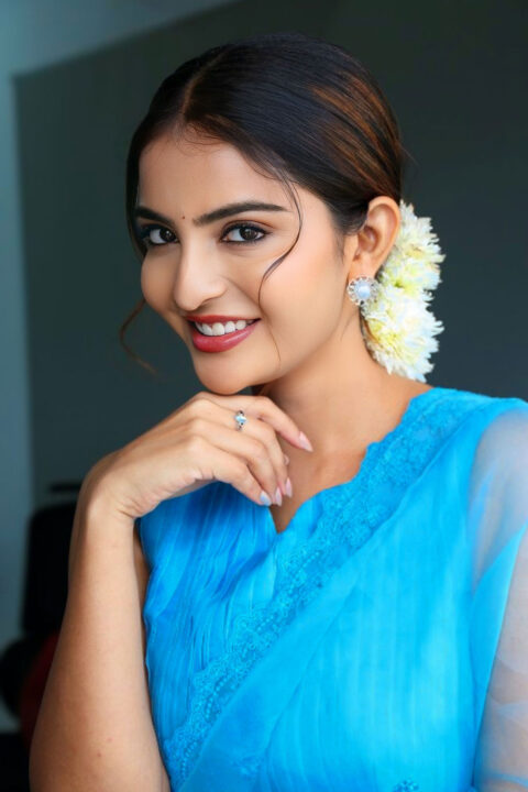 Ananya Nagalla in a Stunning Blue Organza Saree at Srikakulam Sherlockholmes Interview