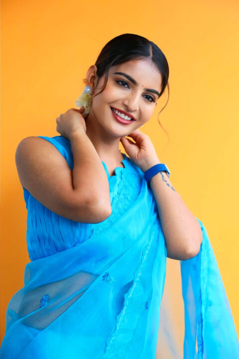 Ananya Nagalla Glamorous Blue Saree at Srikakulam Sherlockholmes Interview