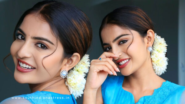 Ananya Nagalla in Elegant Blue Organza Saree at Srikakulam Sherlockholmes Interview