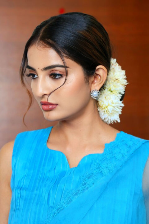 Ananya Nagalla Elegant Blue Organza Saree Look at Srikakulam Sherlockholmes Interview