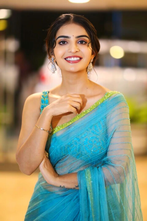 Ananya Nagalla Stuns in Blue Saree at Sherlockholmes Pre-release