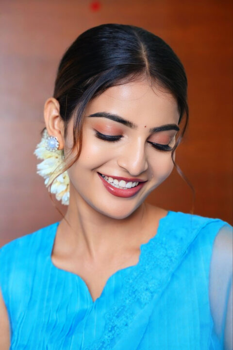 Ananya Nagalla in Blue Organza Saree at Srikakulam Sherlockholmes Interview